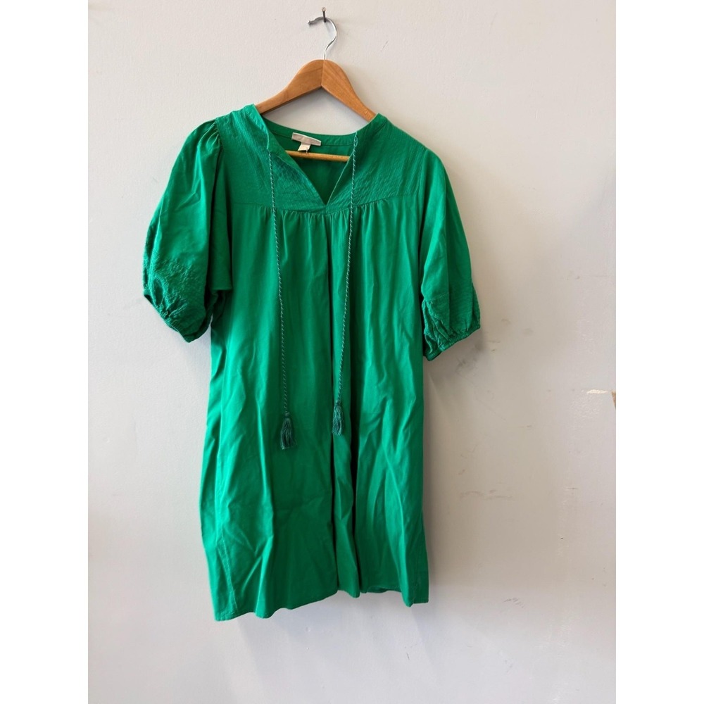 Dress Womens Small Green Boho V Neck Smocked Puff Sleeve Short Swing Tassel Tie